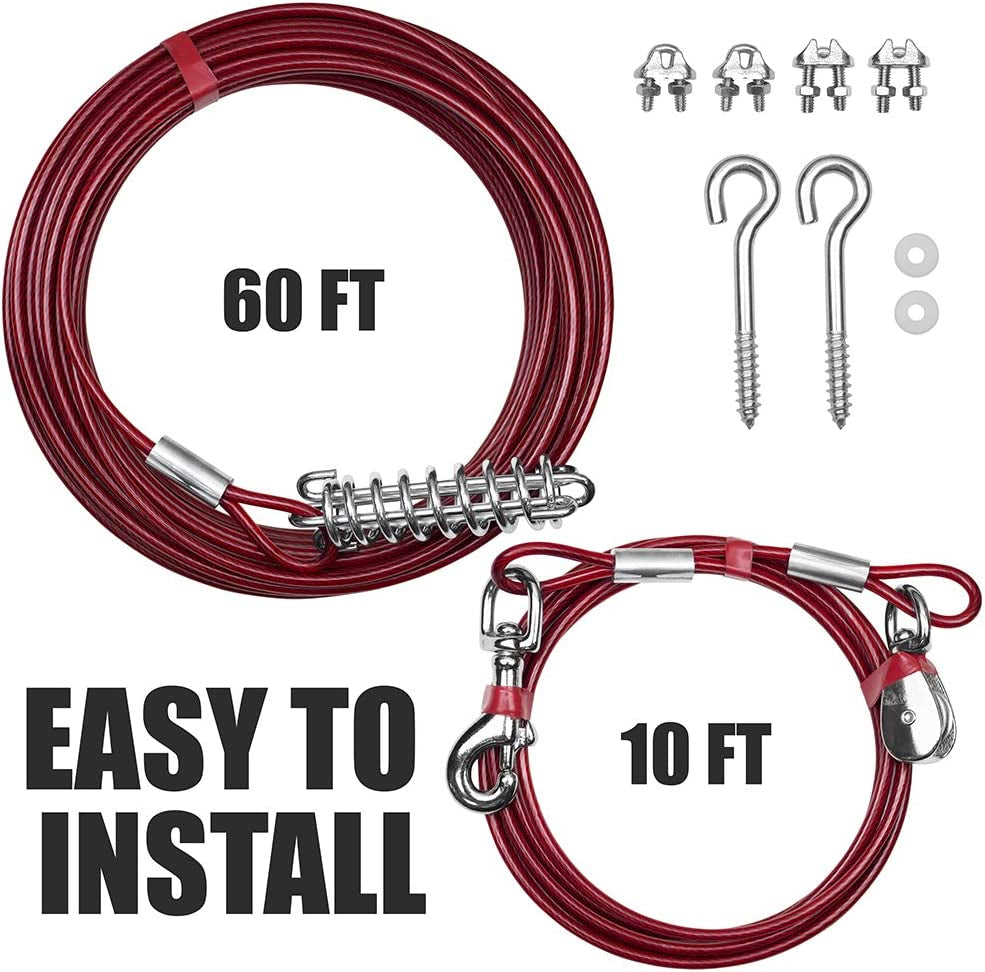 Dog Tie Out Trolley System for Yard - 60Ft Dog Run Cable with 10Ft Pulley Runner Lead - Heavy Duty Reflective Cable for Dogs up to 125 Lbs, Rust-Resistant & Tangle-Free Outdoor Runner