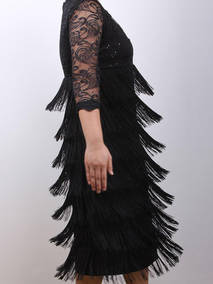 Women'S Lace Sequin Fringe Flapper Cocktail Prom Formal Eve Party Dress
