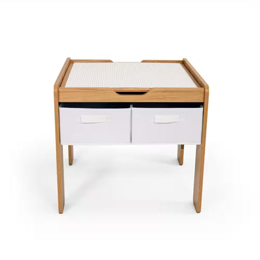 Journey Natural Wood/White Kids Wood Building Block-Compatible Construction Table with 4-Bins