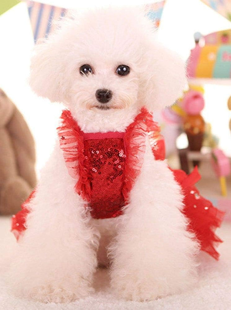Fashion Sweet Puppy Dog Blingbling Princess Skirt Pet Dog Lace Cake Camisole Tutu Dress Red X-Small