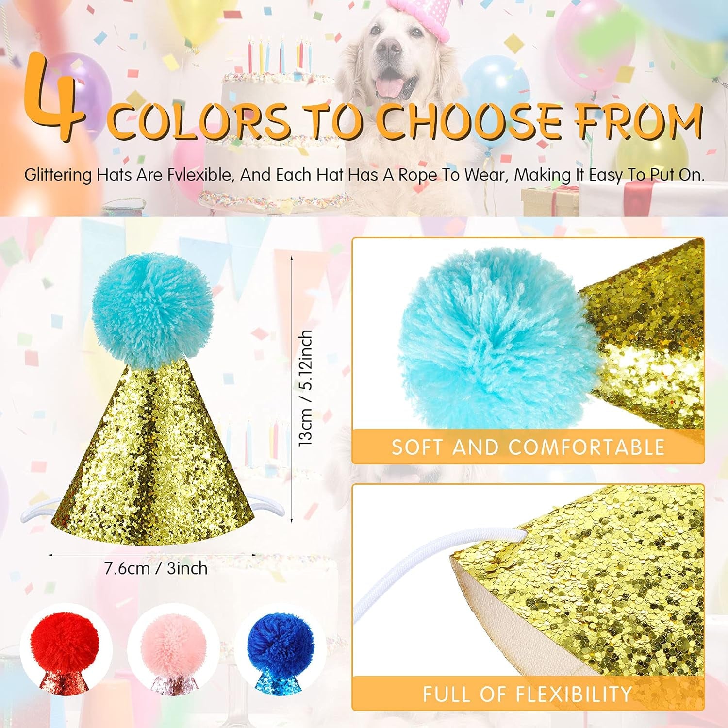 4 Pieces Dog Birthday Hat for Pets Christmas Party Decoration Accessories Pet Headband Hats Charms Grooming Accessories (Red, Blue, Gold, Pink) Classic Style