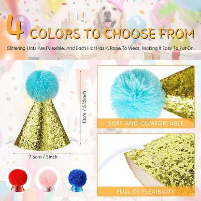 4 Pieces Dog Birthday Hat for Pets Christmas Party Decoration Accessories Pet Headband Hats Charms Grooming Accessories (Red, Blue, Gold, Pink) Classic Style