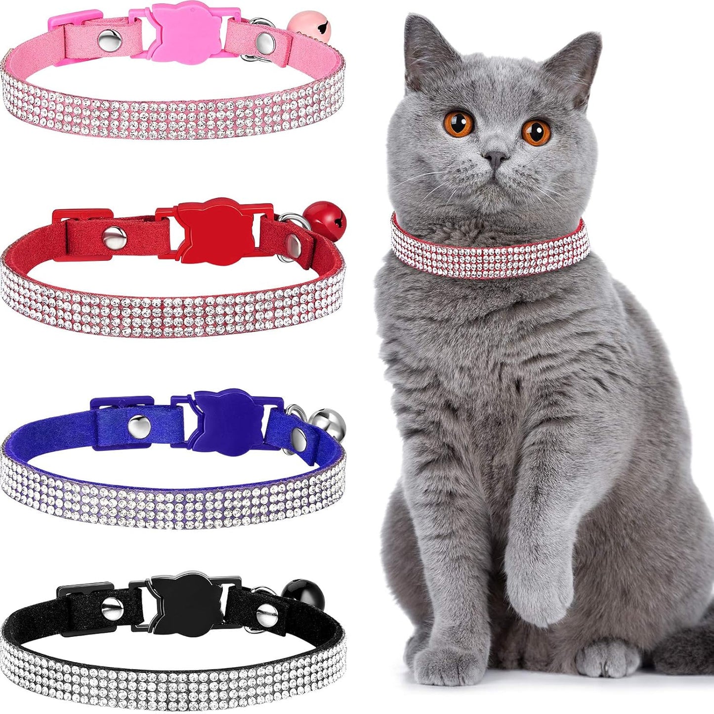 4 Pieces Rhinestones Cat Collars Breakaway Cat Collar with Bell Bling Pet Accessories with Soft Velvet, 4 Colors(S,Pink, Red, Black, Blue)