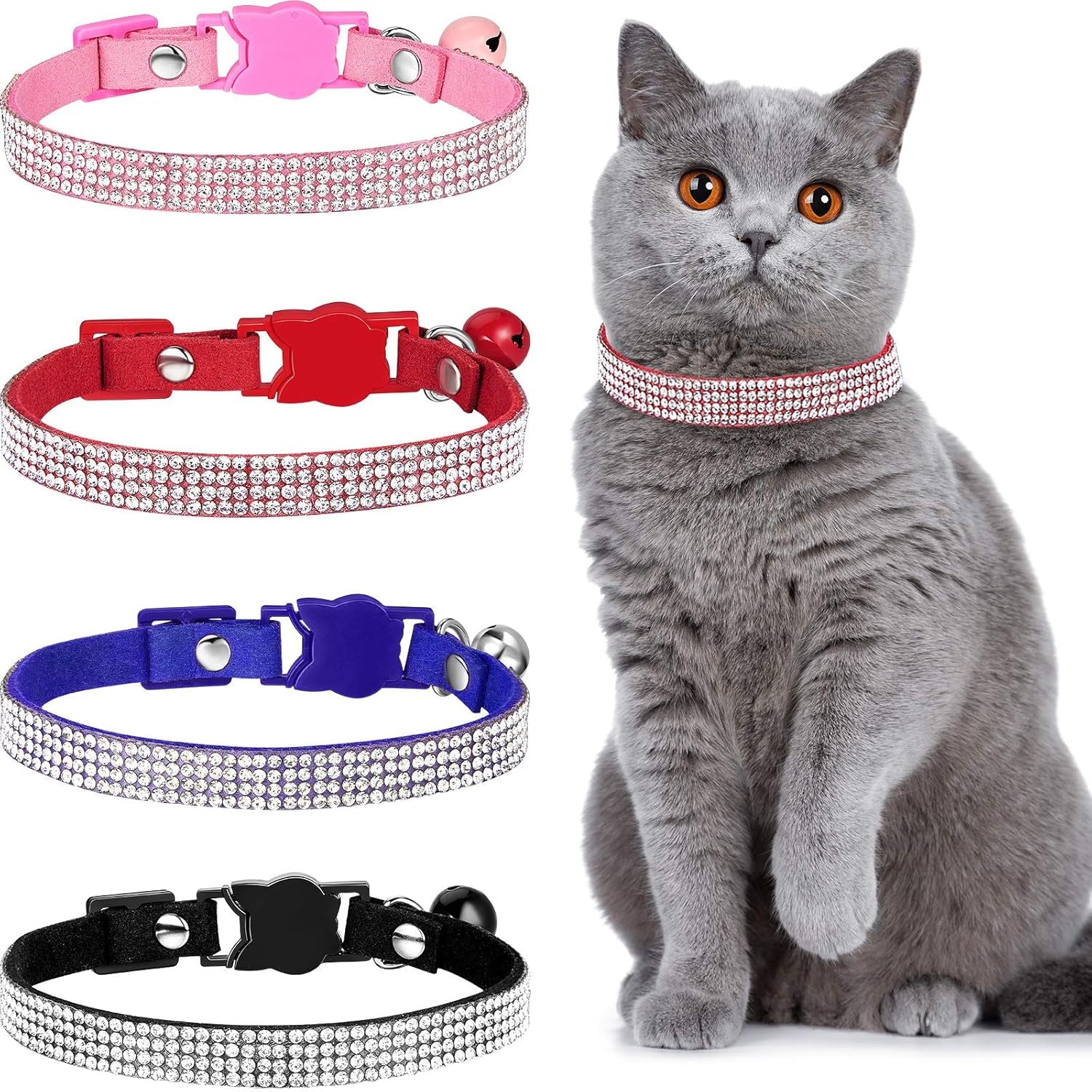 4 Pieces Rhinestones Cat Collars Breakaway Cat Collar with Bell Bling Pet Accessories with Soft Velvet, 4 Colors(S,Pink, Red, Black, Blue)