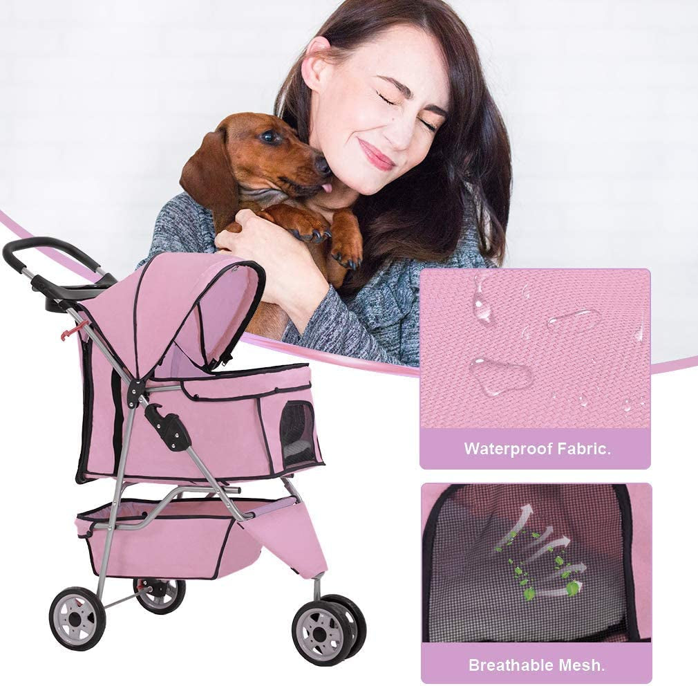 Stroller for Medium Small Dog/Cat, Foldable Travel 3 Wheels Waterproof Puppy, Pink