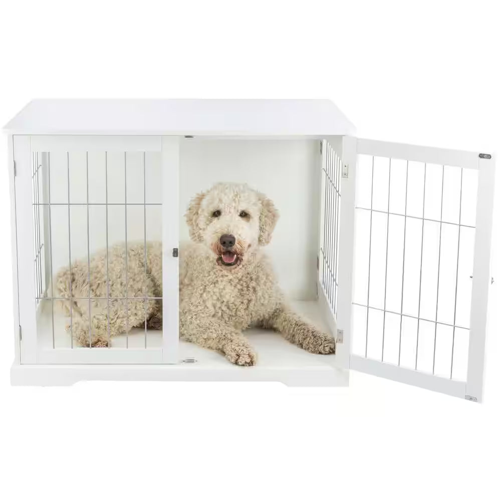 Furniture Style Dog Crate, Indoor Kennel, Pet Home, End Table or Nightstand with 2-Doors, White, Large