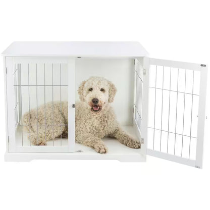 Furniture Style Dog Crate, Indoor Kennel, Pet Home, End Table or Nightstand with 2-Doors, White, Large