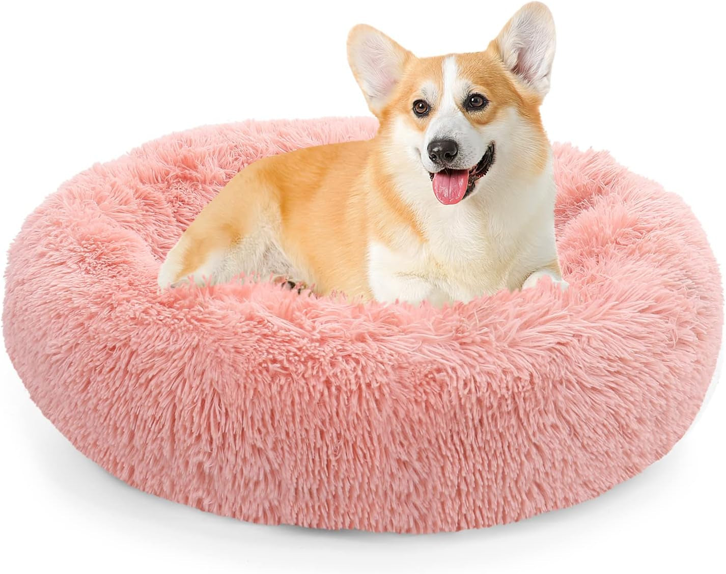 Calming Donut Dog Bed for Small to Medium Dogs & Cats - Plush Faux Fur Anti-Anxiety Pet Bed with Machine Washable Cover & Non-Slip Base