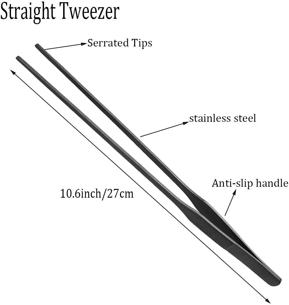 2PCS Aquarium Tweezers Stainless Steel Straight and Curved Tweezers Set Long Handle Reptile Feeding Tongs for Aquatic Plants Lizards Spider Snakes Garden Repairing - 10.6Inch, Black