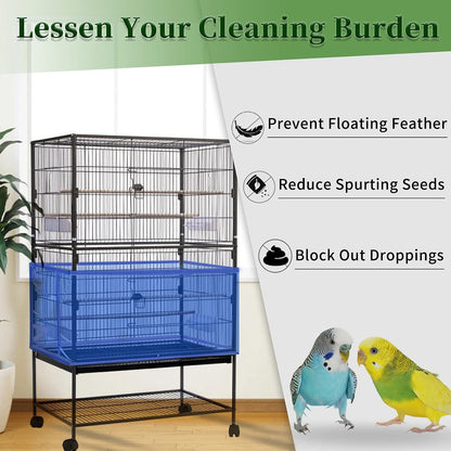 2Pcs Large Bird Cage Cover, Bird Cage Seed Catcher, Adjustable Soft Airy Nylon Mesh Net, Birdcage Cover Skirt Seed Guard for Parrot Parakeet Macaw African round Square Cages (Blue + Green)