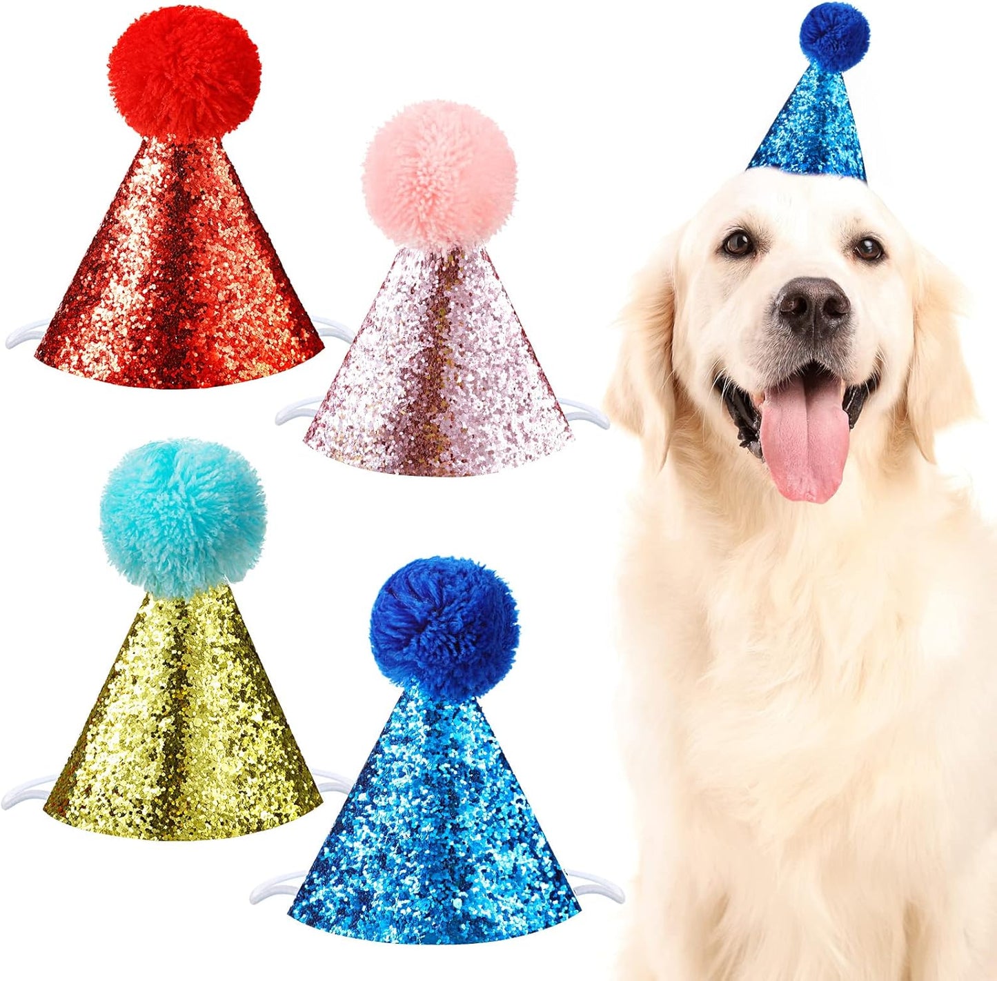 4 Pieces Dog Birthday Hat for Pets Christmas Party Decoration Accessories Pet Headband Hats Charms Grooming Accessories (Red, Blue, Gold, Pink) Classic Style