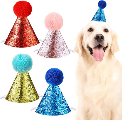 4 Pieces Dog Birthday Hat for Pets Christmas Party Decoration Accessories Pet Headband Hats Charms Grooming Accessories (Red, Blue, Gold, Pink) Classic Style