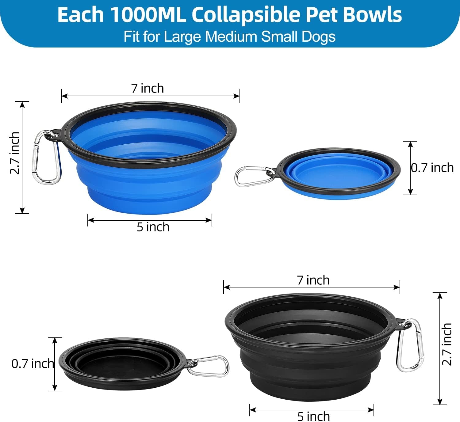 Large Collapsible Dog Bowls 2 Pack, 34Oz Foldable Dog Travel Bowl, Portable Pet Water Food Bowl with Clasp, Pet Cat Feeding Cup Dish for Traveling, Walking, Hiking (Black+Blue)