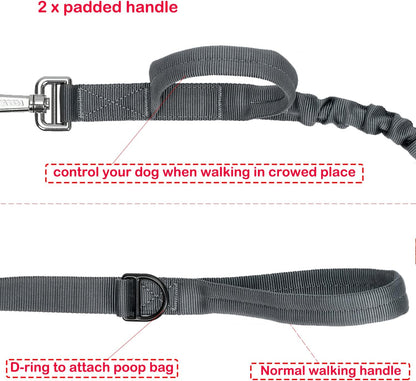 Tactical Dog Leash,K9 Training Walking Bungee Lead with Double Handle,Heavy Duty Metal Clasp,Hands Free D-Ring for Medium Large Breed (4Ft, Gray)