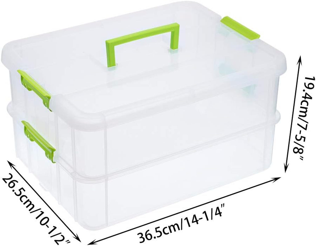 2 Layer Stack & Carry Box, Plastic Multipurpose Portable Storage Container Box Handled Organizer Storage Box for Organizing Stationery, Sewing, Art Craft, Jewelry and Beauty Supplies Green