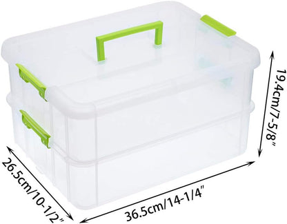 2 Layer Stack & Carry Box, Plastic Multipurpose Portable Storage Container Box Handled Organizer Storage Box for Organizing Stationery, Sewing, Art Craft, Jewelry and Beauty Supplies Green