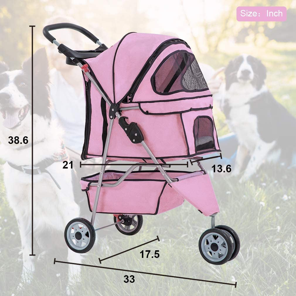 Stroller for Medium Small Dog/Cat, Foldable Travel 3 Wheels Waterproof Puppy, Pink