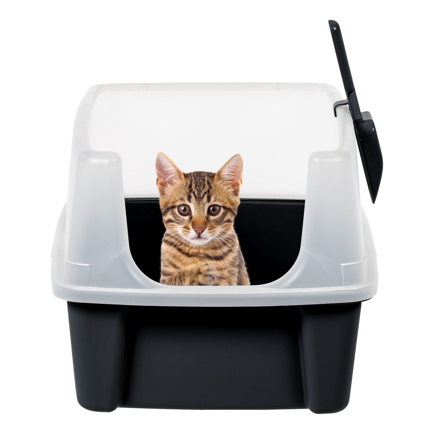 , High Sided Open Top Cat Litter Box with Scoop, Solid Black