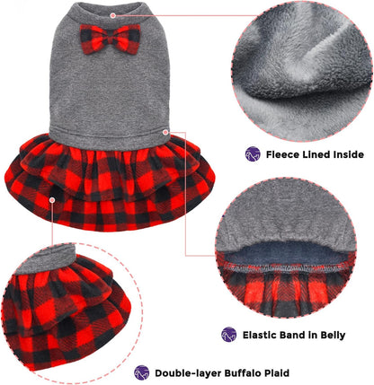 Small Dog Dress for Dogs Flannel Warm Dress Skirt with Bowknot New Year Holiday Thermal Winter Pet Clothes Doggie Dog Apparel Outfit Dresses