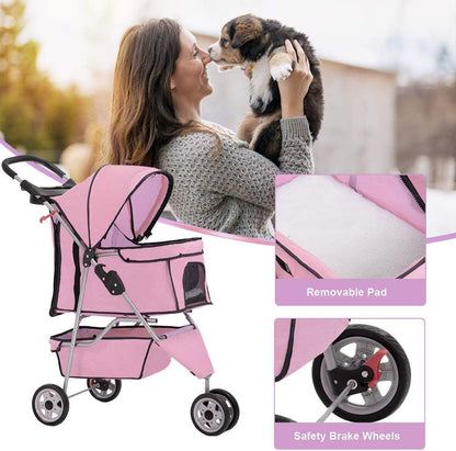 Stroller for Medium Small Dog/Cat, Foldable Travel 3 Wheels Waterproof Puppy, Pink