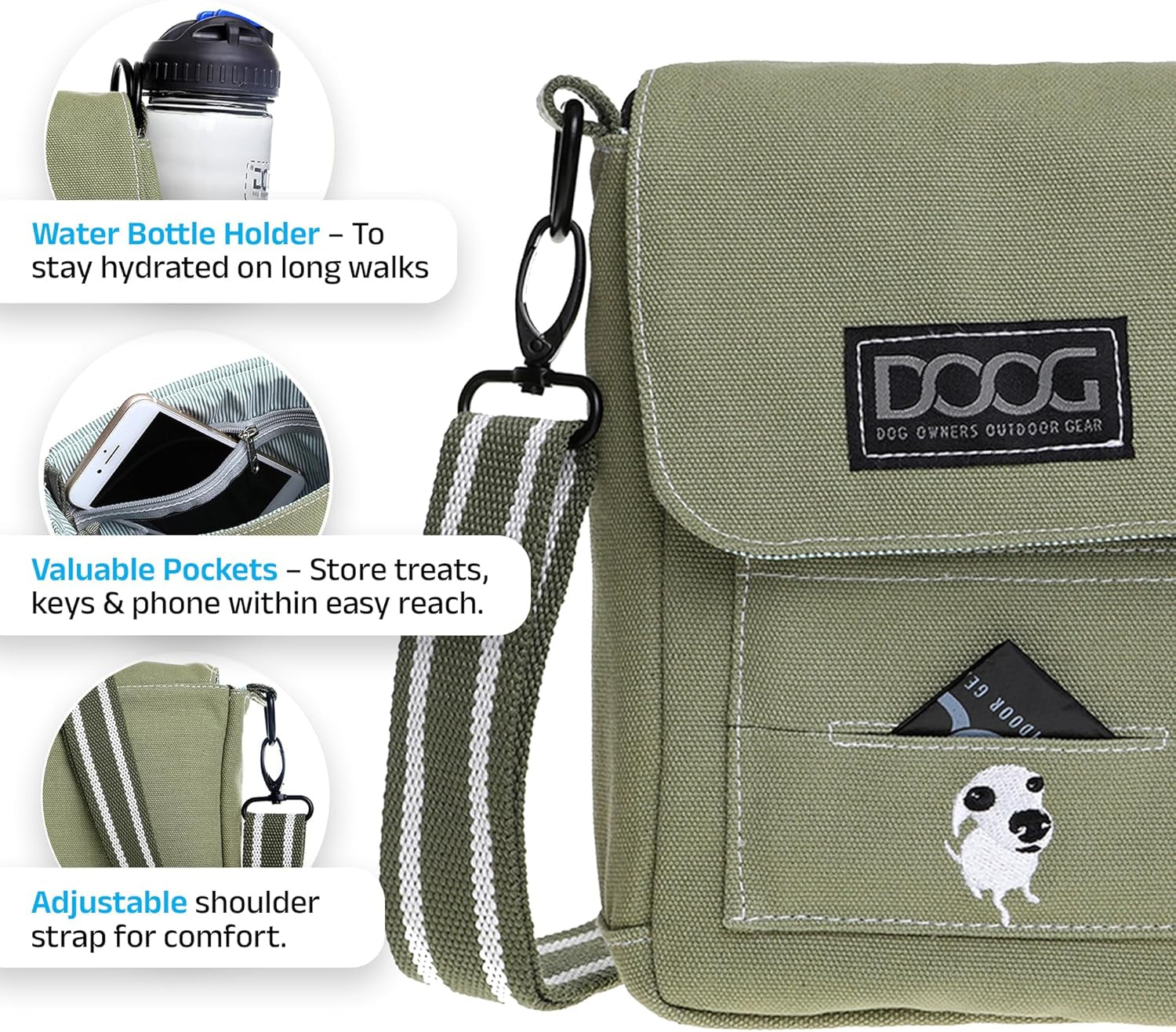 Walkie Bag - Adjustable Dog Treat Pouch Shoulder Bag with Poo Bag & Water Bottle Compartments - Comfort Fit for Everyday Use - Green