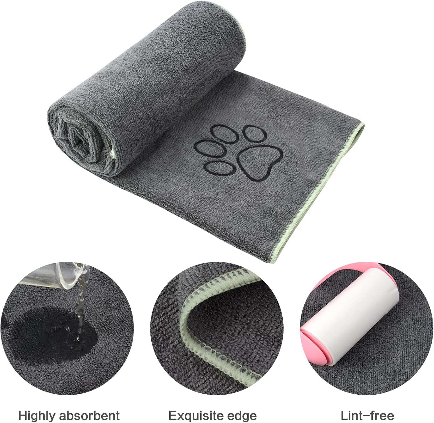 Dog Towel Super Absorbent Microfiber Dog Drying Towel Soft Pet Bath Towel for All Dogs and Cats with Embroidered Paw Print 30Inch X 50Inch Gray