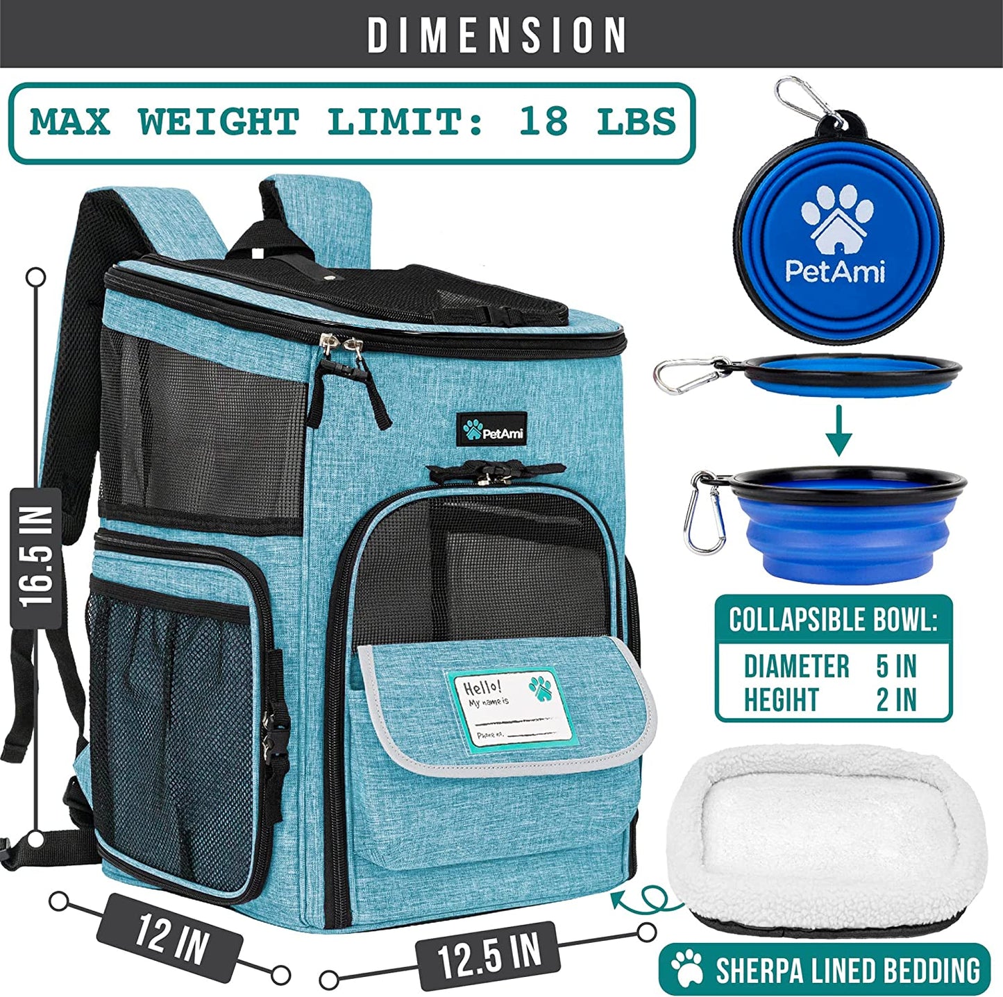 Dog Backpack Carrier, Airline Approved Cat Backpacks for Carrying Small Large Cats, Pet Carrier Back Pack, Ventilated Soft Sided for Travel, Hiking, Camping, Max 18 Lbs, Turquoise