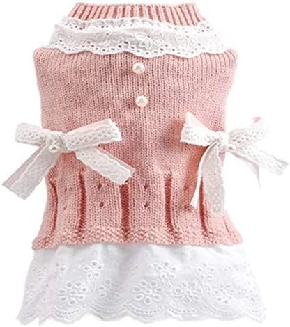 Pet Sweater Dress Small Dog Dress with Bow Female Warm Dog Princess Lace Dress Clothes Dachshund Chihuahua Corgi Cat Dress for Christmas Birthday Thanksgiving Day Valentines Day (Pink, Large)