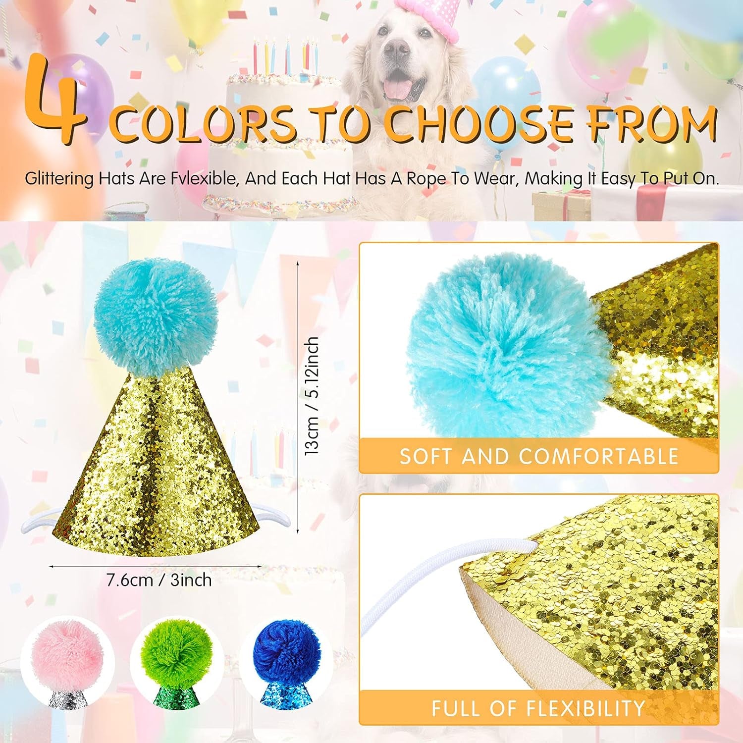 4 Pieces Dog Birthday Hat for Pets Christmas Party Decoration Accessories Pet Headband Hats Charms Grooming Accessories (Gold, Silver, Blue, Green)
