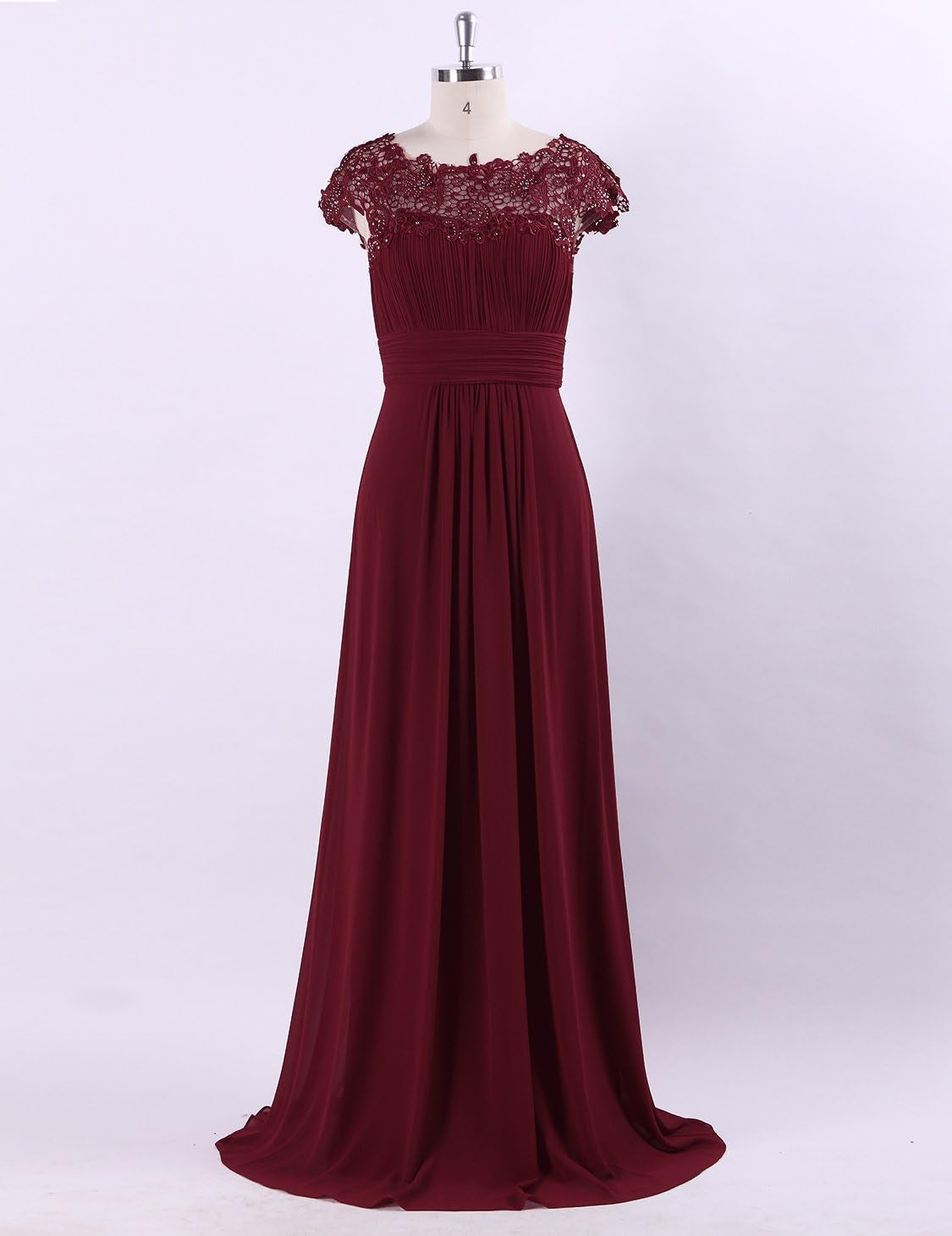 Women'S Cap Sleeve Ruched Lace round Neck Chiffon Formal Evening Gowns 09993-US