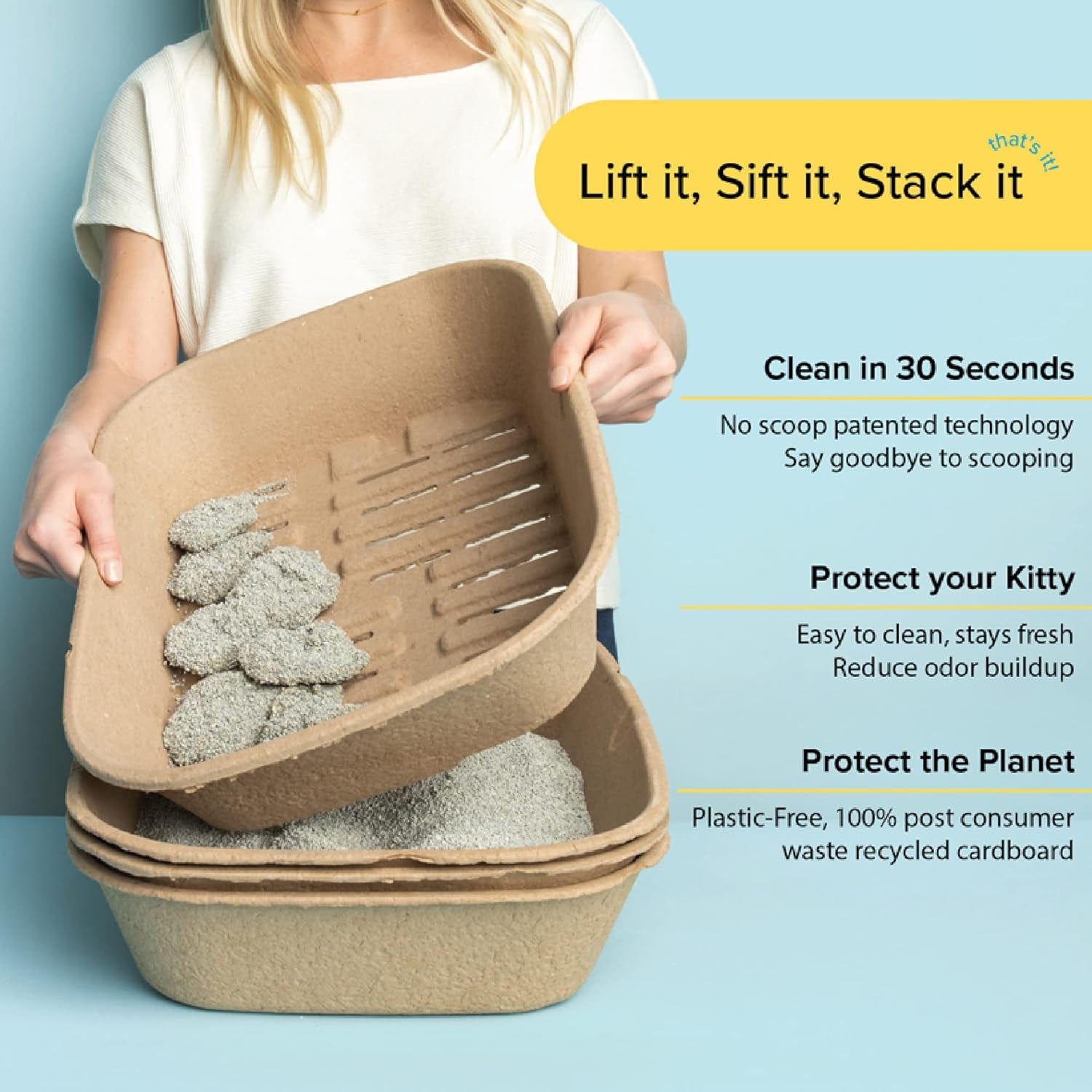 (Set of 1 Litter Box & 5 Sifting Liners) Sustainable, Clean, Sifting, Disposable Cat Litter Box Kit - Large, 6-Set Kit