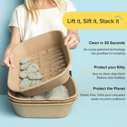 (Set of 1 Litter Box & 5 Sifting Liners) Sustainable, Clean, Sifting, Disposable Cat Litter Box Kit - Large, 6-Set Kit