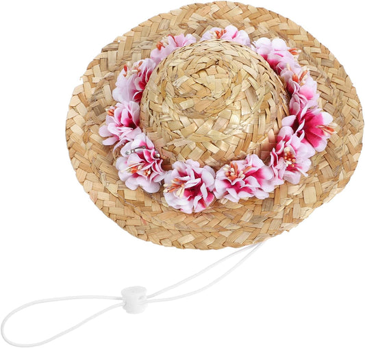 Dog Straw Hats with Floral-Pet Sombrero Adjustable Hawaii Garden Sun Bucket Cap for Small Dogs Puppy Cats-Size L
