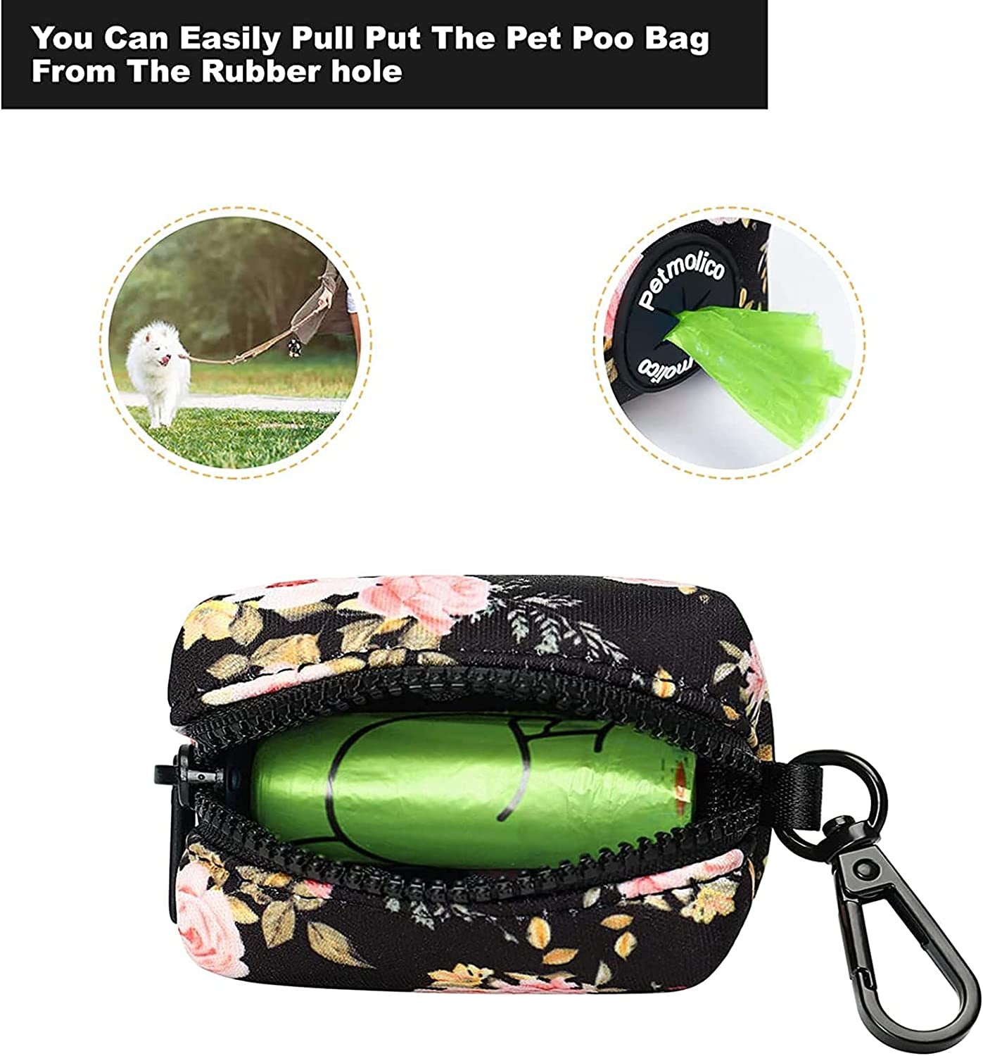 Dog Poop Bag Holder Leash Attachment, Waste Bag Dispenser Zippered Pouch, Fits Any Leash, Includes Free Roll of Bags, 2 Packs - Pink Rose