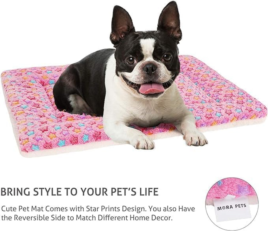 Dog Bed Crate Pad Ultra Soft Pet Bed with Cute Star Print Washable Crate Mat for Large Medium Small Dogs Reversible Fleece Dog Crate Kennel Mat Cat Bed Liner 29 X 21 Inch Pink