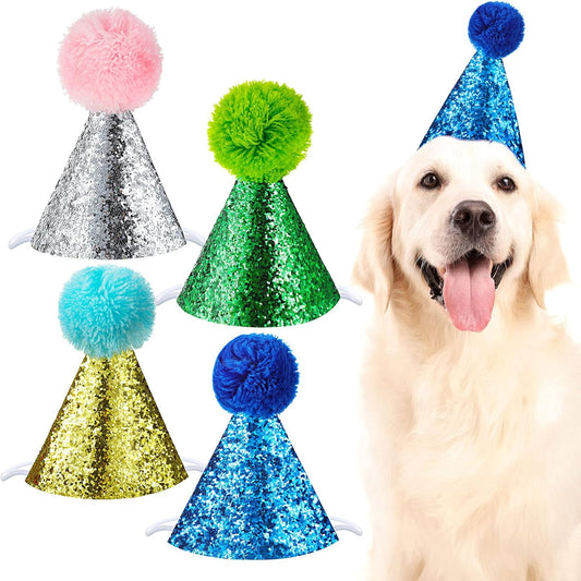 4 Pieces Dog Birthday Hat for Pets Christmas Party Decoration Accessories Pet Headband Hats Charms Grooming Accessories (Gold, Silver, Blue, Green)