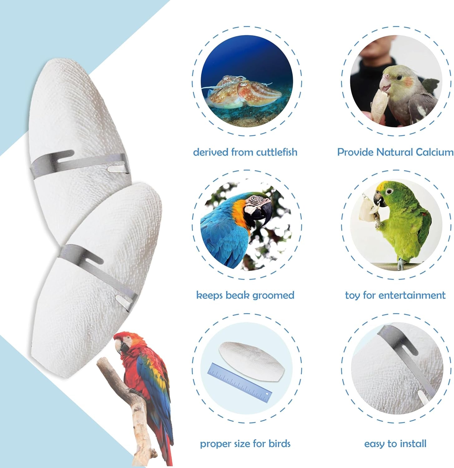5"-5.5" Bird Cuttlebone for Parakeets, Cuddle Bone with Metal Holder, Cuttlefish Bone for Sharp Beaks, Natural Birds Calcium for Parrots Cockatiels Budgie, 6 Pcs