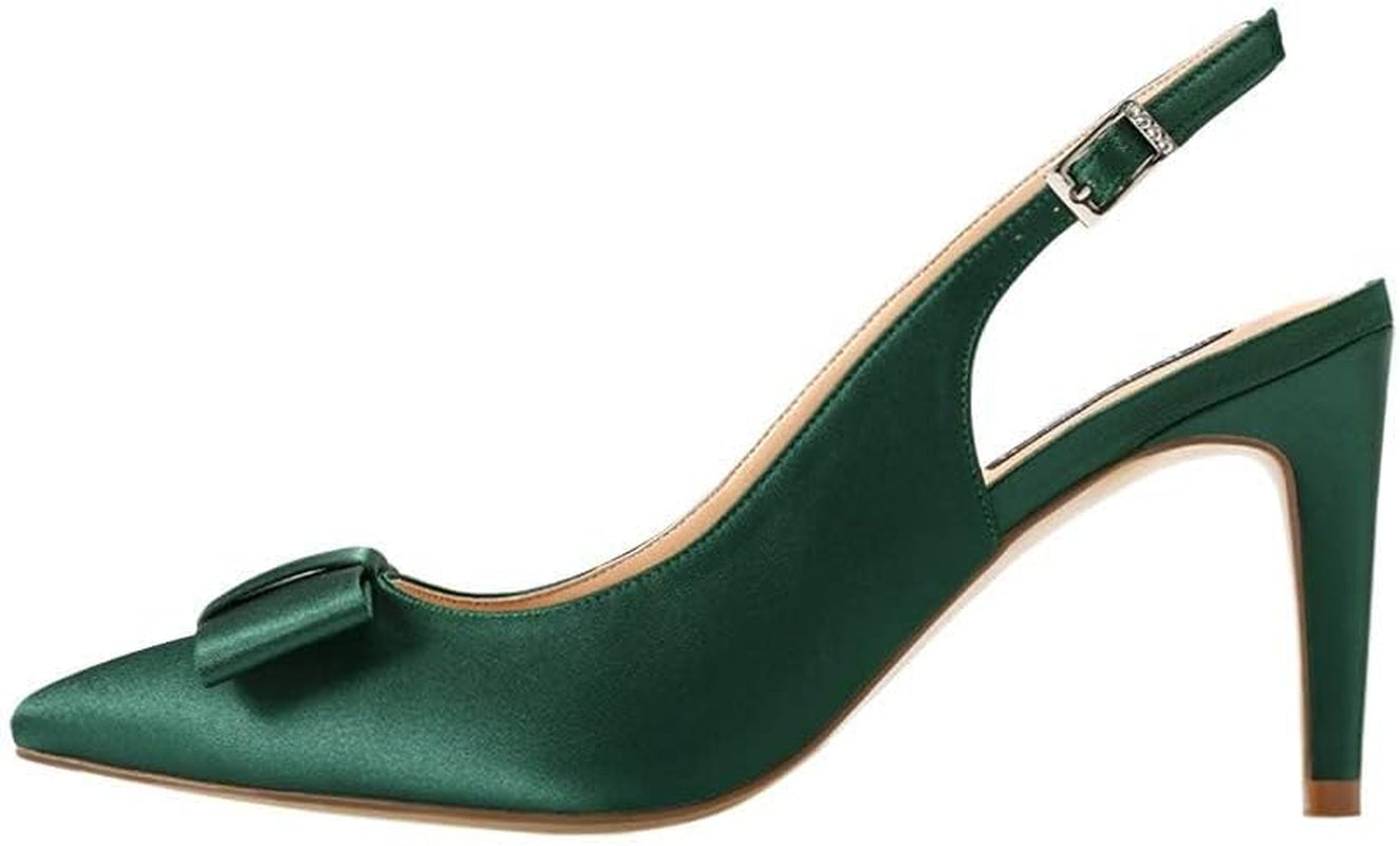 Pointy Toe Pumps Mid Heels Wedding Evening Party Prom Slingback Satin Shoes