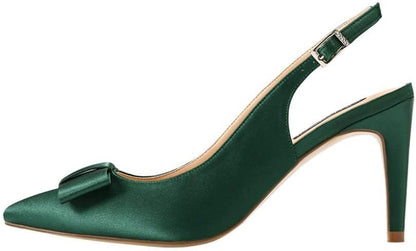 Pointy Toe Pumps Mid Heels Wedding Evening Party Prom Slingback Satin Shoes