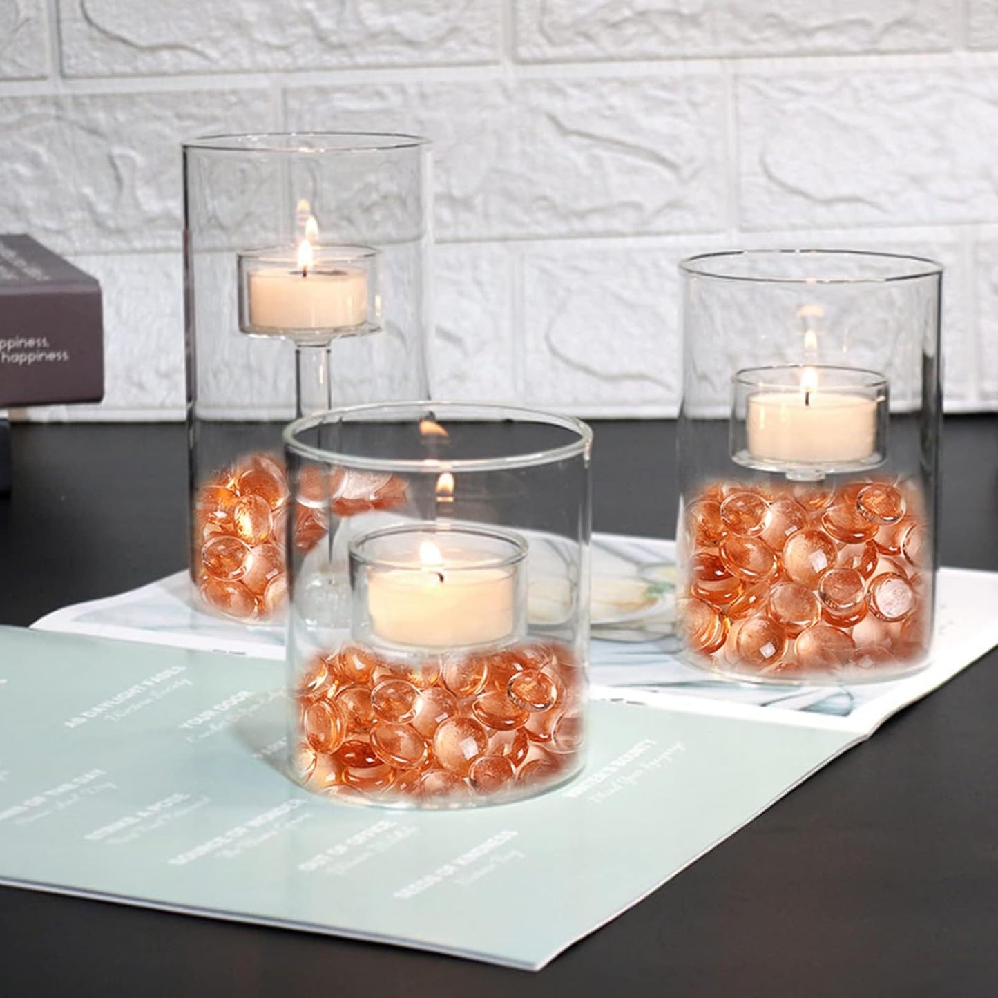 Fall Decoration 2 LB Champagne Flat Marbles Glass Gems Pebbles 3/4 Inch for Vases Fillers,Fire Pit,Arts Crafts,Party Wedding Centerpieces,Mosaics Project,Approx.180-200 Pcs