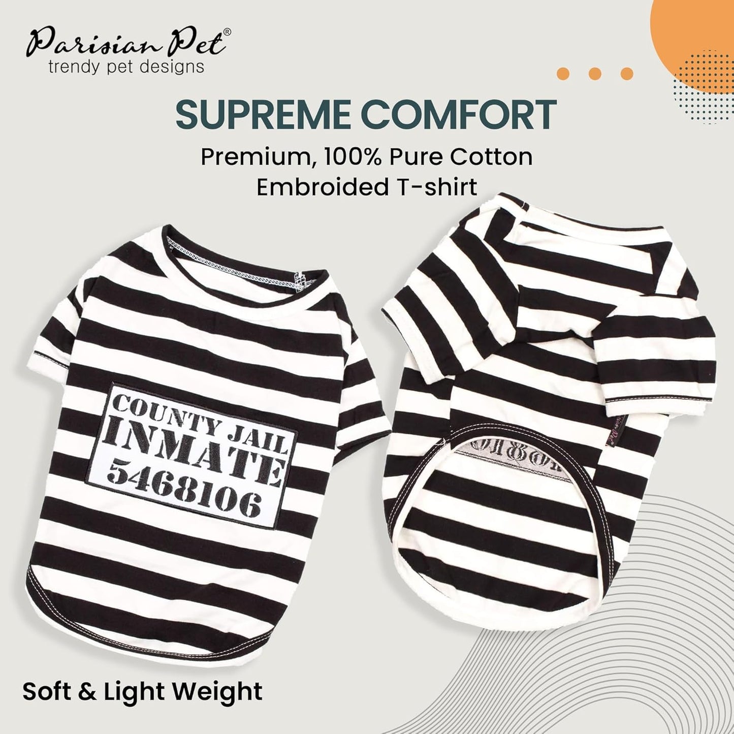 - Medium Dog Shirt - Black & White Striped - Cotton & Polyester - Sleeved & Lightweight - Prisoner Dog Theme
