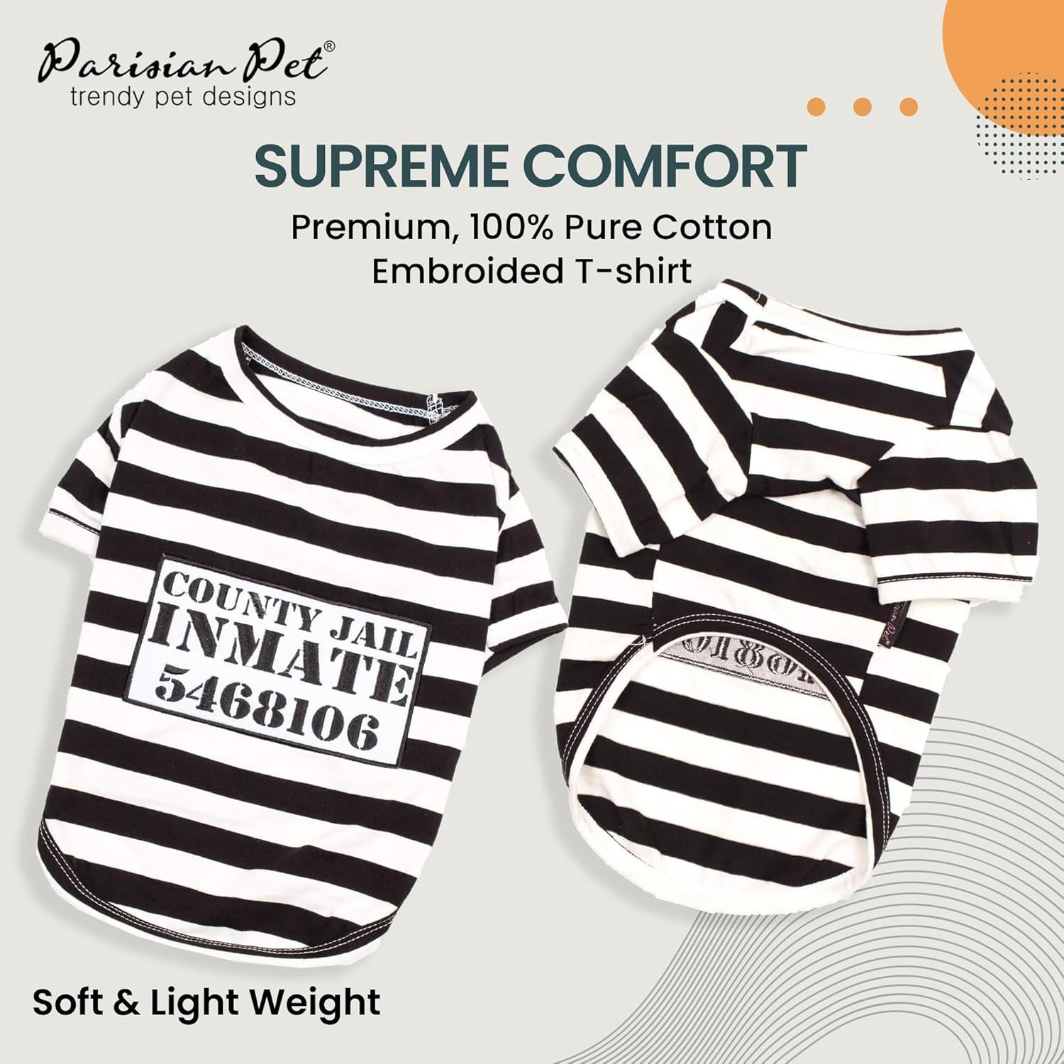 - Medium Dog Shirt - Black & White Striped - Cotton & Polyester - Sleeved & Lightweight - Prisoner Dog Theme