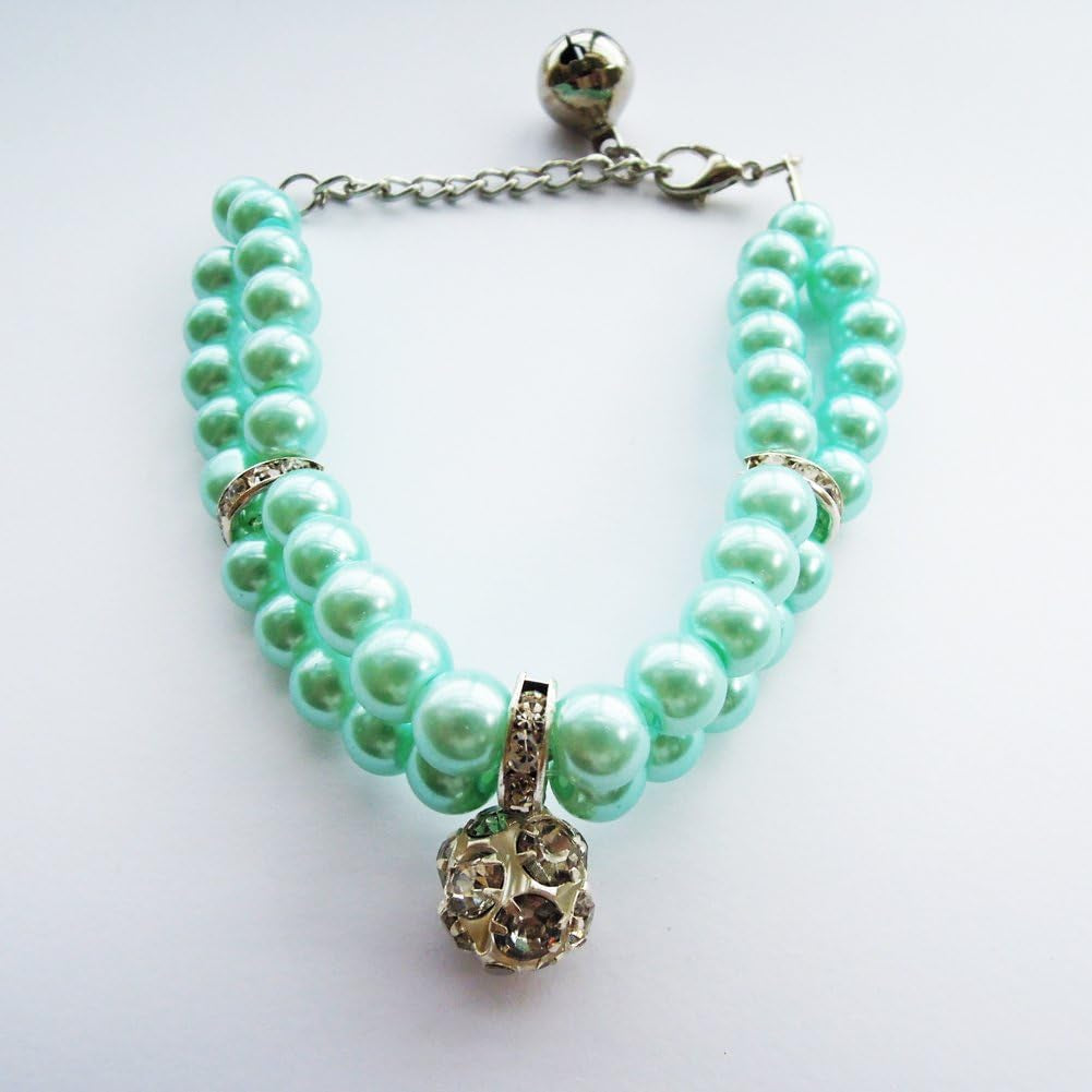 Luxury 2 Row Pearls Rhinestones Pet Cat Dog Necklace Collar Jewelry with Bling Crystal Ball Charm for Pets Cats Small Dogs Female Puppy Chihuahua Yorkie Girls (Blue, 8 to 10-Inch)