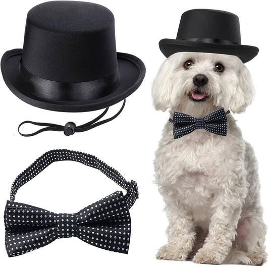 2 Pieces Pet Formal Accessories Set - Pet Top Hat with Pet Formal Necktie/Bowtie Birthday Party Gradation Halloween Costumes Accessories for Dog Cat (Black-B) One Size