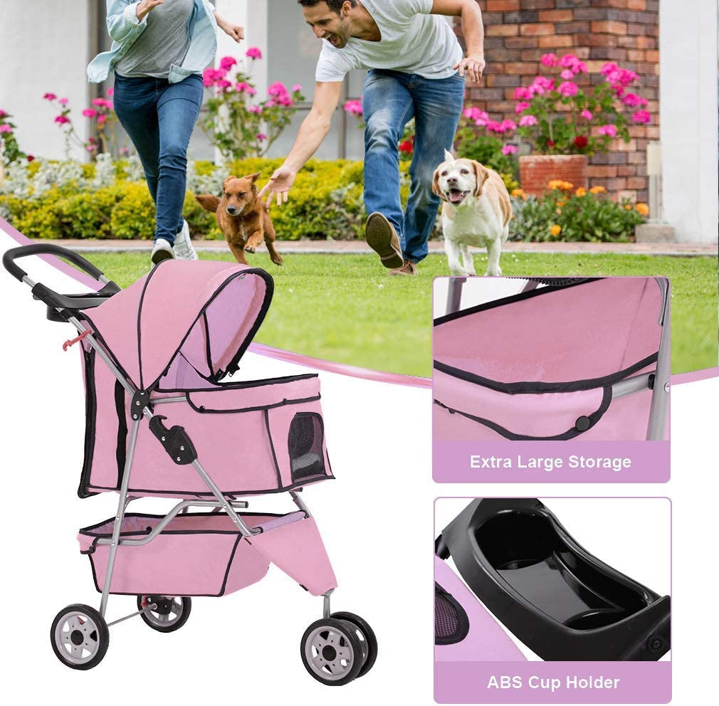 Stroller for Medium Small Dog/Cat, Foldable Travel 3 Wheels Waterproof Puppy, Pink