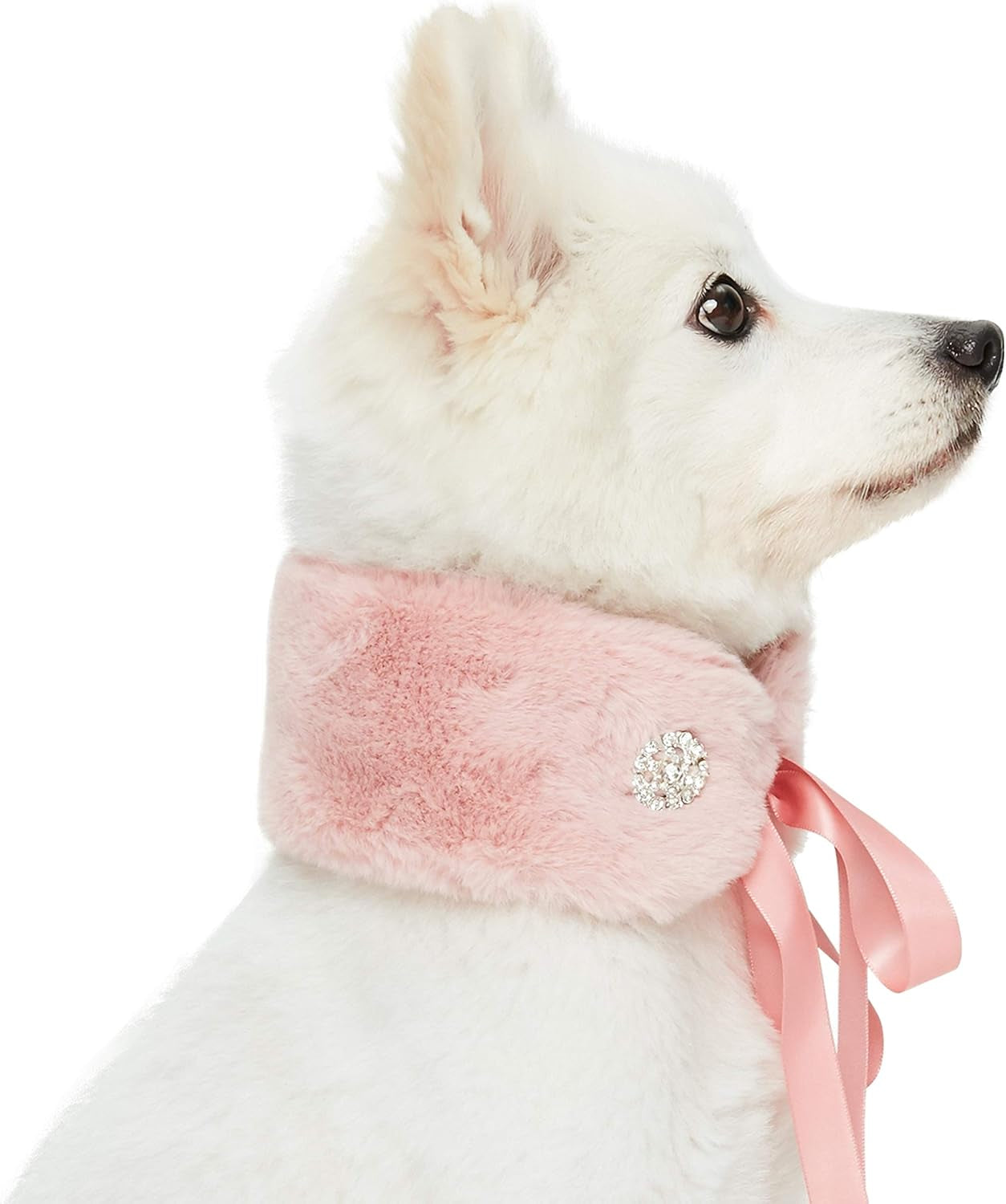 Soft & Comfy Blush Pink Faux Fur Dog Scarf with Princess-Like Diamonds, Medium