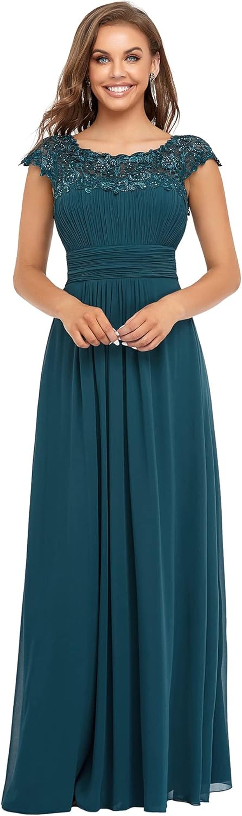 Women'S Cap Sleeve Ruched Lace round Neck Chiffon Formal Evening Gowns 09993-US