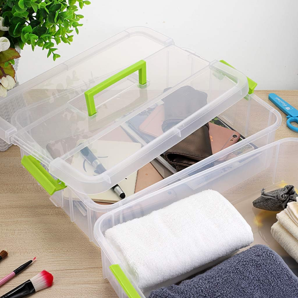 2 Layer Stack & Carry Box, Plastic Multipurpose Portable Storage Container Box Handled Organizer Storage Box for Organizing Stationery, Sewing, Art Craft, Jewelry and Beauty Supplies Green
