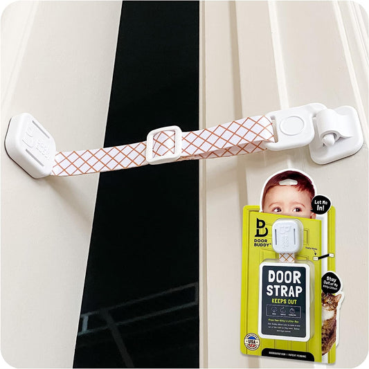 Adjustable Baby Proof Door Strap for Cats - Caramel. No Need for Cat Gate or Baby Gate with Pet Door. Child Proof Door to Cat Litter Box Room. Simple Cat Door Interior Door Alternative.