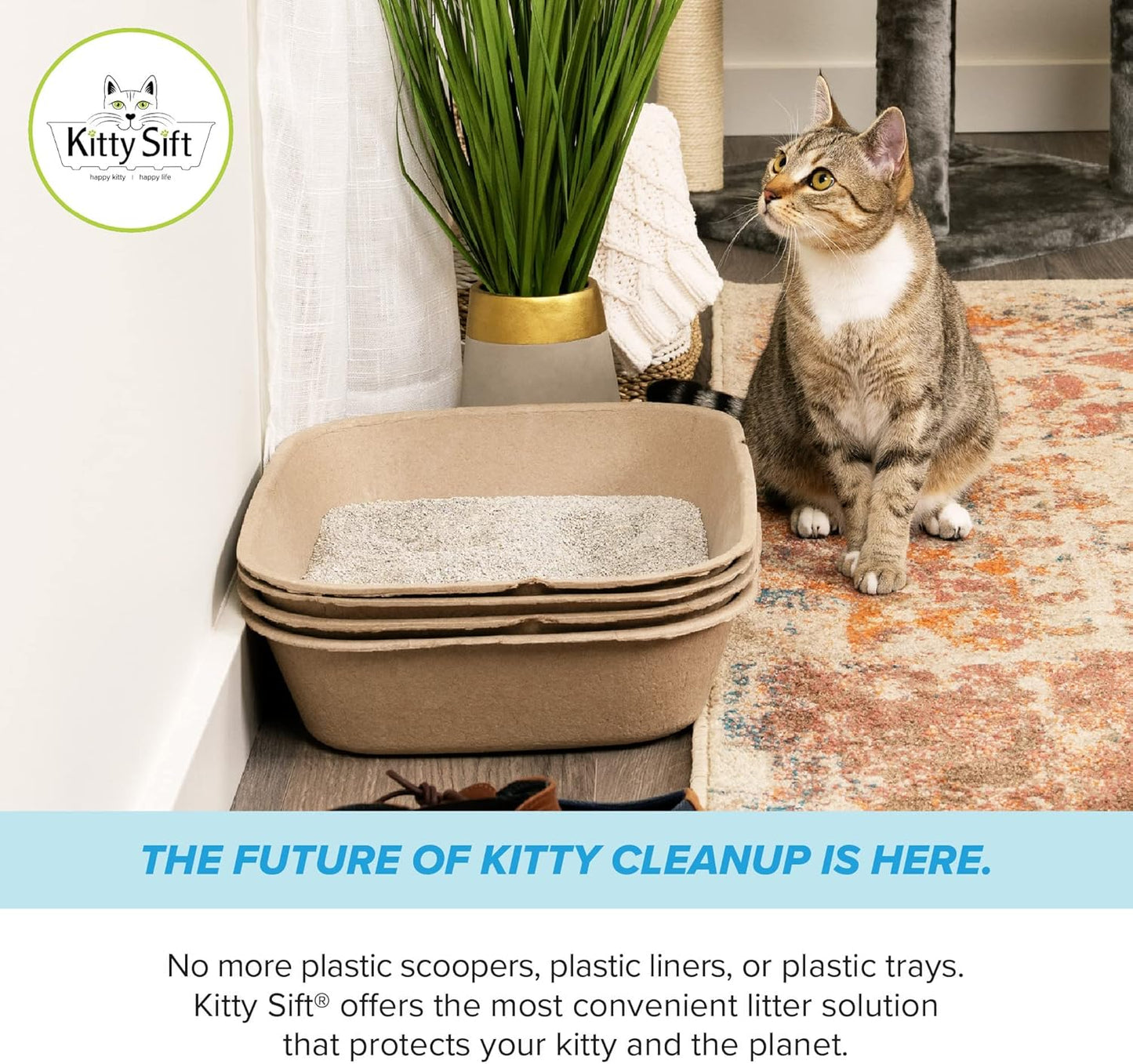(Set of 1 Litter Box & 5 Sifting Liners) Sustainable, Clean, Sifting, Disposable Cat Litter Box Kit - Large, 6-Set Kit